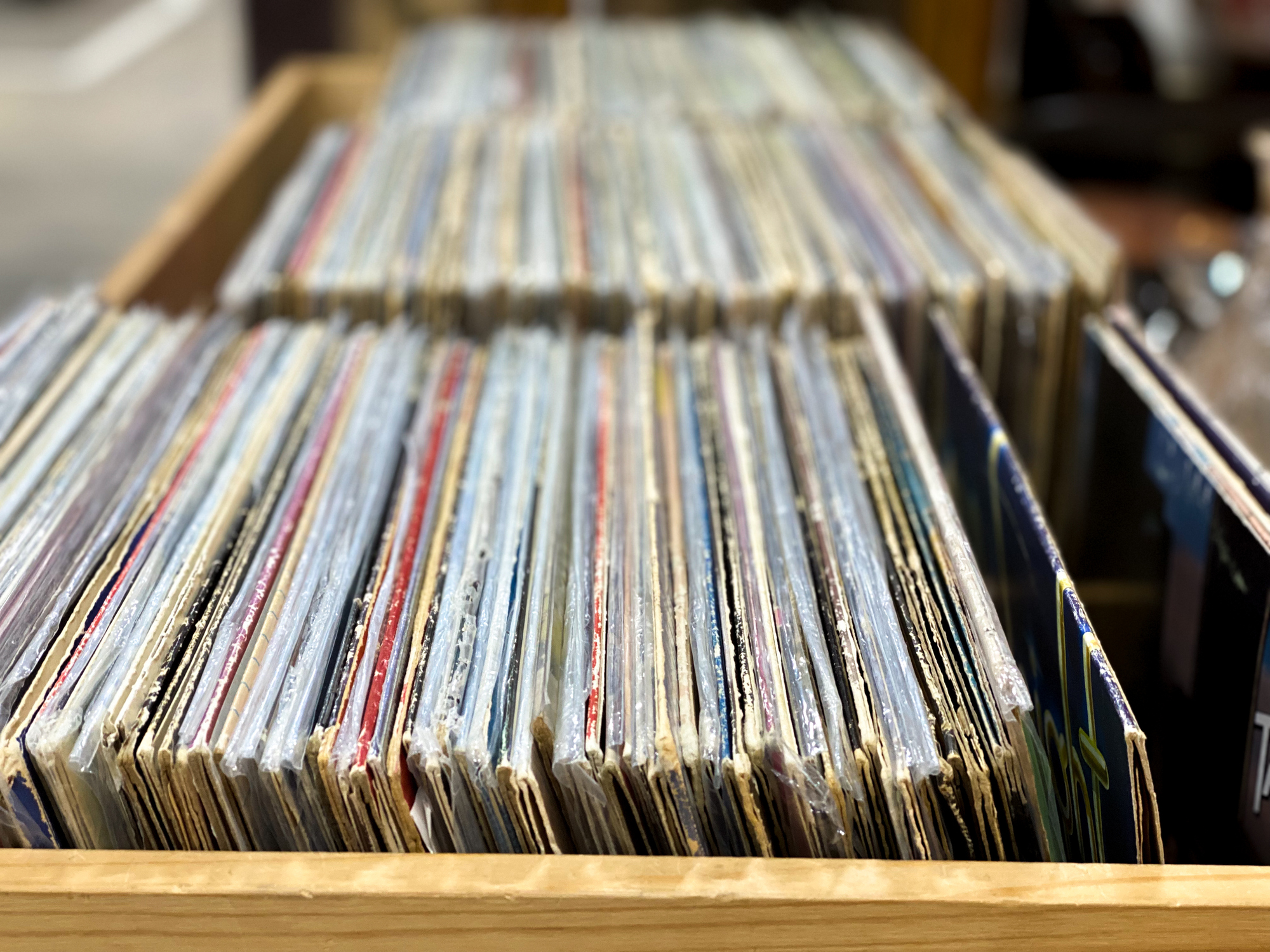 Close up of vinyls in bins