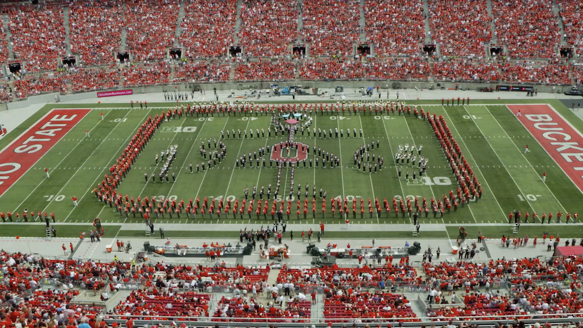 The Ohio State Marching Band forming a tribute to Sloopy on the Show field